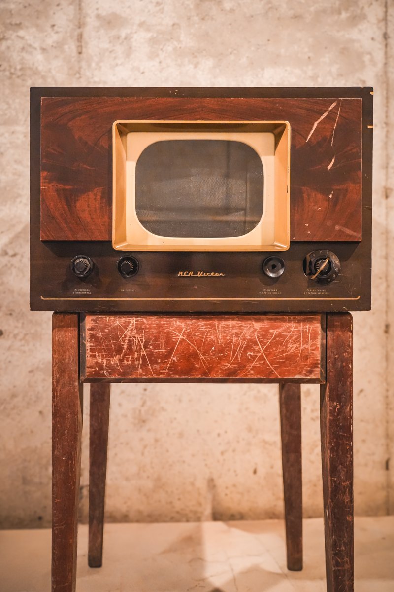 The restored RCA Victor television cabinet used as the guest display.