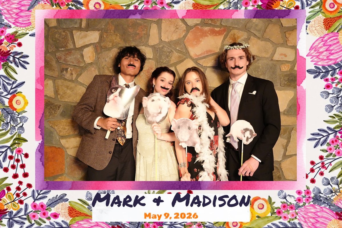 Four guests posing with vintage-style animal head props, printed with the Mark & Madison photo template.